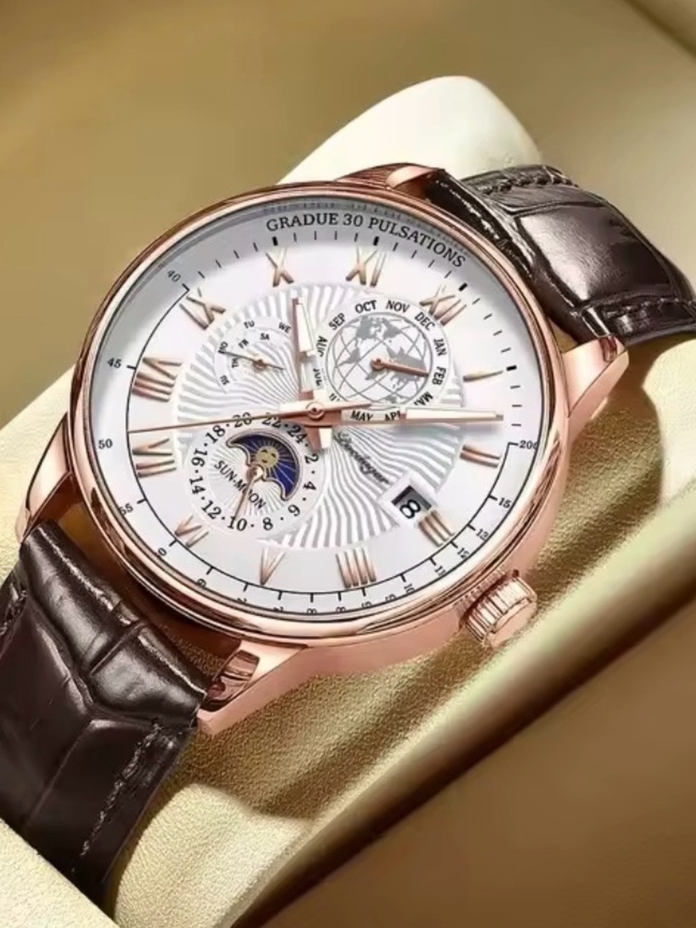 Rose Gold Men's Dress Watch with Brown Leather Strap